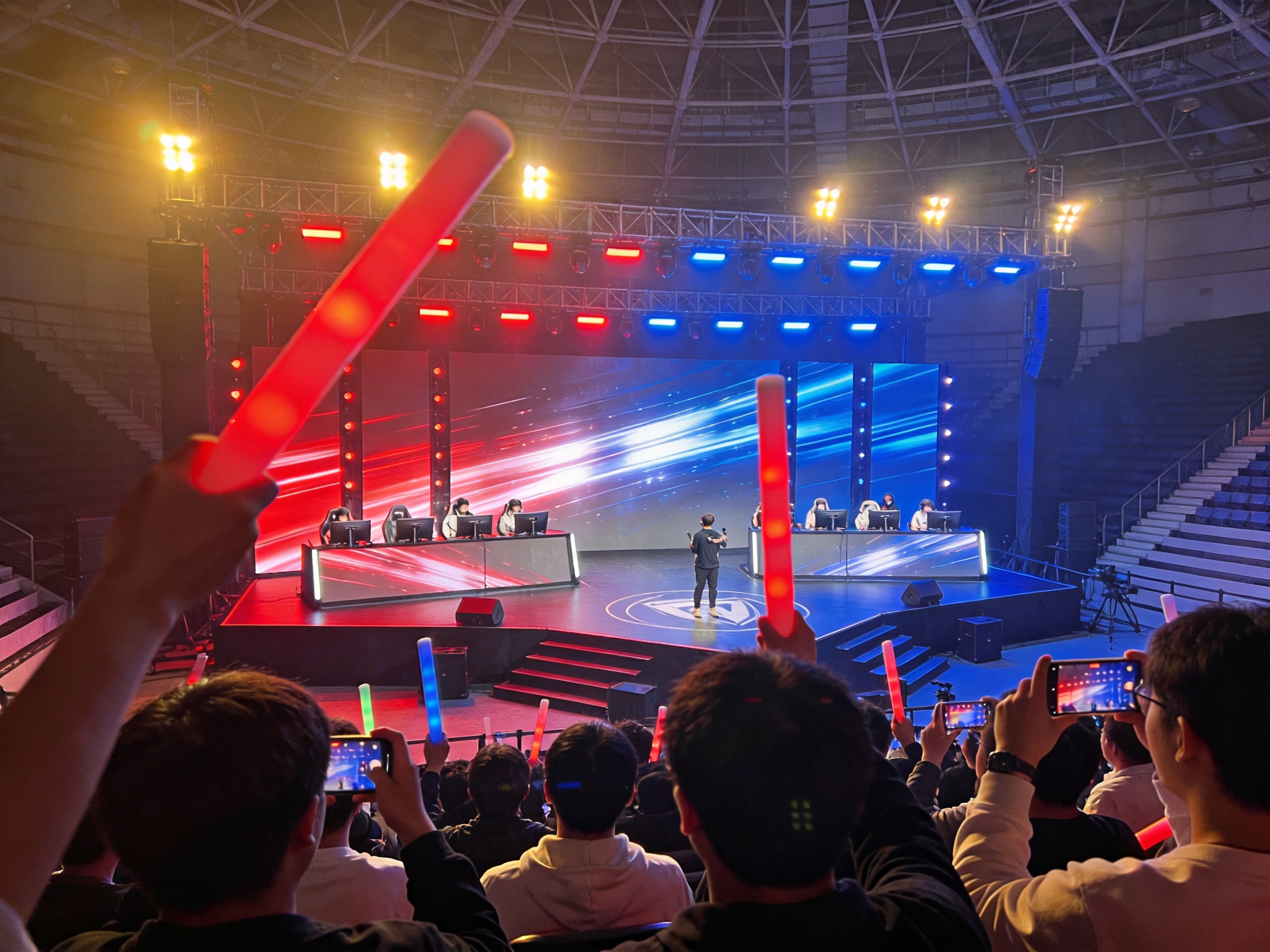 电子竞技比赛舞台与现场观众的画面，用于电竞赛事解决方案卡片配图